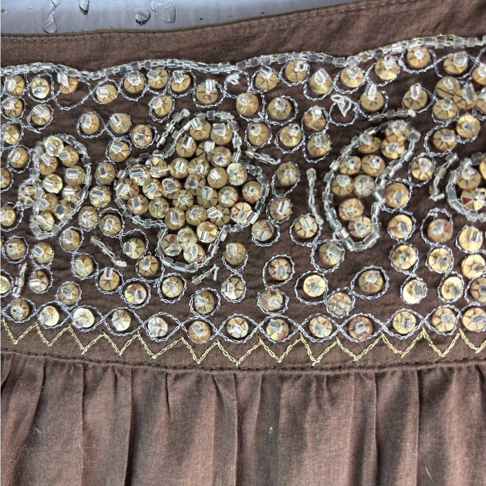 BCBGMaxAzria S Cotton Tiered Brown Embellished Beaded Waist Midi Skirt - Picture 2 of 12